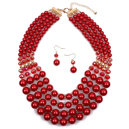 YAZILIND Halskette Ohrringe Set Übertrieben Mehrschichtige Perlen Choker Frauen Retro Party Schmuck (Rot) von YAZILIND