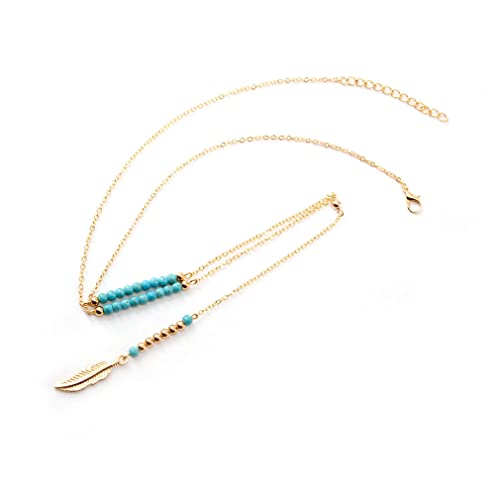 YAZILIND Halskette Türkis Feder Damen Mädchen Anhänger Schlüsselbein Bohemian Lang Vintage Schmuck (Golden) von YAZILIND