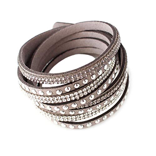 YAZILIND Leder Wickelarmbänder Strass und Muti-Color Perlen Stulpearmband, Charm Multilayer Armband Damen Schmuck Grau von YAZILIND