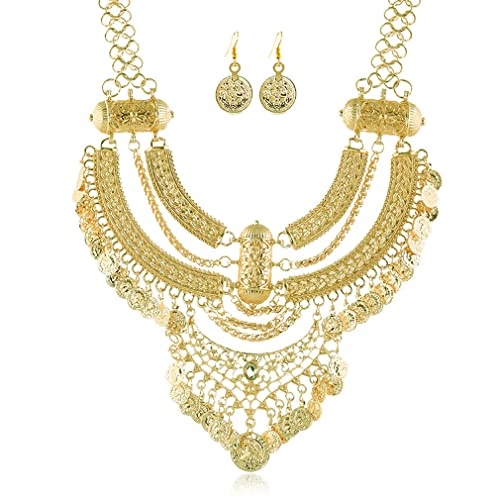 YAZILIND Ohrringe Halskette Set Damen Mehrschichtige Kette Münze Quaste Ethnisch Retro Bohemian Clavicle Sets (Golden) von YAZILIND