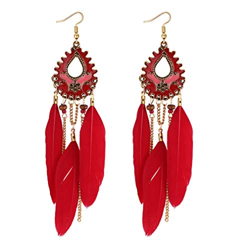 YAZILIND Schöne Feder Ohrringe Lange Quaste Anhänger Angelhaken Ohrring Frauen Mädchen Geburtstagsgeschenk Schmuck Rot von YAZILIND