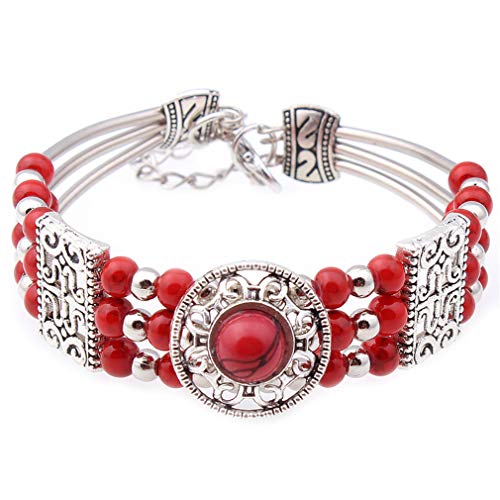 YAZILIND Tibetischen Silber Türkis Perlen Freundschaft Armbänder Naturstein Strand Schmuck Armband Armreif (Rot) von YAZILIND