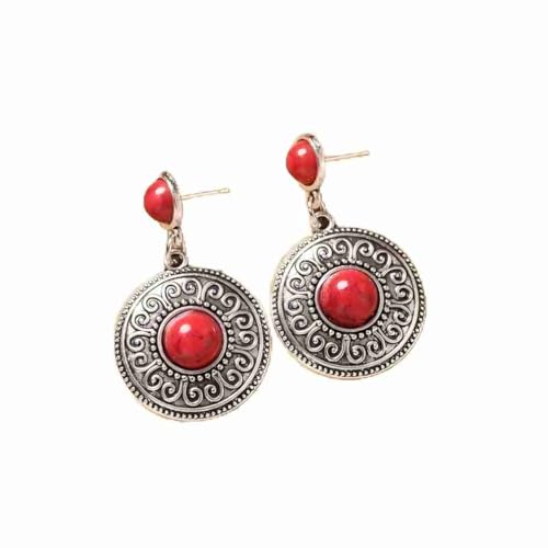 Yazilind Klassiker tibetischen Silber Rot Runde Harz Geprägte baumeln Haken Ohrringe von YAZILIND