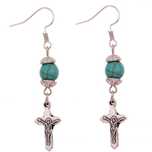 Yazilind Schmuck Retro Tibetan Silver Cross Carve JESUS ??gekreuzigt Türkis Ohrringe für Frauen von YAZILIND