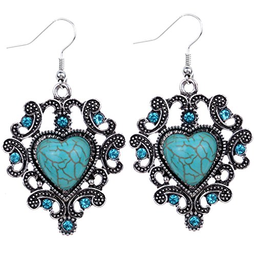 Yazilind tibetischen Silber Herz Türkis Inlay Kristall aushöhlen Haken Tropfen baumeln Ohrringe für Frauen von YAZILIND