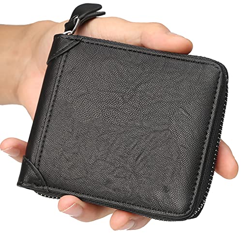Weiche Leder-Brieftasche mit drei Fächern, Schlanke, zweifach faltbare Geldbörse for Herren mit RFID-Blockierung und Münzfach mit Reißverschluss, PU-Leder, 9,9 x 2,0 x 11 cm, mehrfarbig(Black) von YBAAKZIIR