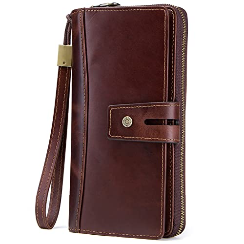 YBAAKZIIR Weiche Leder-Brieftasche mit DREI Fächern, Dreifach Faltbare Clutch for Herren mit RFID-Schutz, Handschlaufe, Leder, Mehrfarbig(Bruin) von YBAAKZIIR