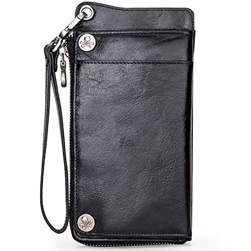 YBAAKZIIR Weiche Leder-Brieftasche mit DREI Fächern, Herren-Geldbörse, Mehrfarbig, mit Geldscheinfach, 11 Kartenfächern, Reißverschlussfach, Handschlaufe(Black) von YBAAKZIIR