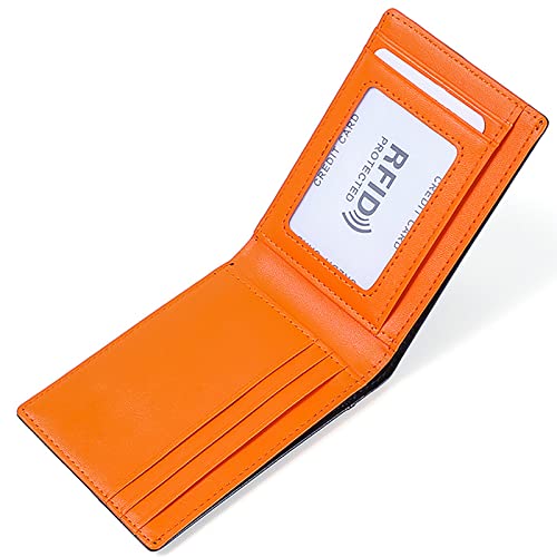 YBAAKZIIR Weiche Leder-Brieftasche mit DREI Fächern, Herren-Geldbörse, zweifach faltbar, RFID-blockierend, echtes Rindsleder, 9 Kartenfächer, Blau, Orange, Schwarz(Oranje) von YBAAKZIIR