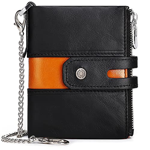YBAAKZIIR Weiche Leder-Brieftasche mit DREI Fächern, Multifunktionale Herren-Geldbörse mit Kette, RFID-blockierender, zweifach gefalteter, schmaler Kreditkartenhalter, Mehrfarbig(Black) von YBAAKZIIR