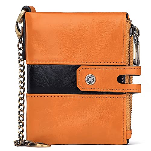 YBAAKZIIR Weiche Leder-Brieftasche mit DREI Fächern, Multifunktionale Herren-Geldbörse mit Kette, RFID-blockierender, zweifach gefalteter, schmaler Kreditkartenhalter, Mehrfarbig(Oranje) von YBAAKZIIR