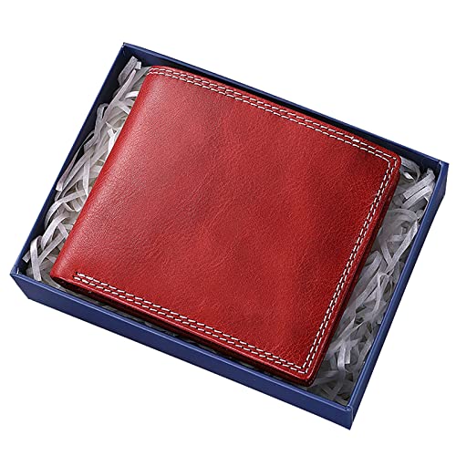 YBAAKZIIR Weiche Leder-Brieftasche mit DREI Fächern, RFID-blockierende Ledergeldbörse for Herren, 10 x 1 x 9,5 cm, Mehrfarbig, 2 Sichtfenster, 7 Kartenfächer, 2 Geldscheinfächer, Geschenkbox(Red) von YBAAKZIIR