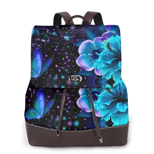 Blauer Schmetterlings-Druck, modischer Damenrucksack, PU-Leder-Rucksäcke, Handtasche, wasserdichter Rucksack, Reiserucksack mit Klappe, Schwarz , Einheitsgröße von YBAZYBXY