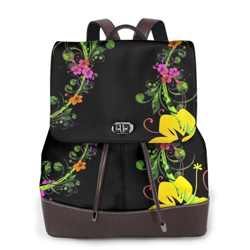 Damen-Rucksack mit Blumen-Illustrationsdruck, modischer Rucksack, PU-Leder, Handtasche, wasserdichter Rucksack, Reiserucksack mit Klappe, Schwarz , Einheitsgröße von YBAZYBXY