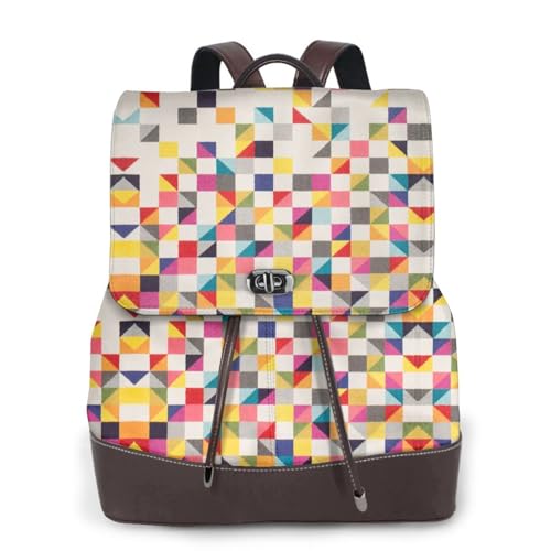 Dreieck geometrischer Druck Frauen Mode Rucksack Damen PU Leder Rucksäcke Handtasche Wasserdichter Rucksack Reiserucksack mit Klappe, Schwarz , Einheitsgröße von YBAZYBXY