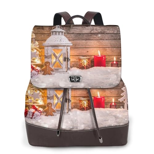 Frohe Weihnachten Holzbrett Kerze Hirsch Druck Frauen Mode Rucksack Damen PU-Leder Rucksäcke Handtasche Wasserdichter Rucksack Reiserucksack mit Klappe, Schwarz , Einheitsgröße von YBAZYBXY