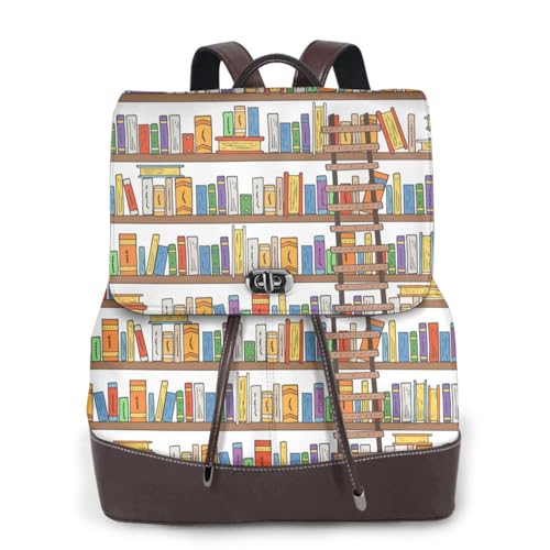 Lustiger Bücherregal-Kollektion und Leiter-Druck, modischer Damenrucksack, PU-Leder-Rucksäcke, Handtasche, wasserdichter Rucksack, Reiserucksack mit Klappe, Schwarz , Einheitsgröße von YBAZYBXY