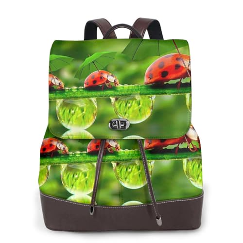 Lustiger Marienkäfer-Rucksack mit Regenschirmen bedruckt, modischer Damen-Rucksack, PU-Leder, Handtasche, wasserdichter Rucksack, Reiserucksack mit Klappe, Schwarz , Einheitsgröße von YBAZYBXY