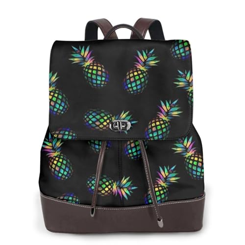 Modischer Damen-Rucksack mit Ananas-Druck, PU-Leder, Handtasche, wasserdichter Rucksack, Reiserucksack mit Klappe, Schwarz , Einheitsgröße von YBAZYBXY