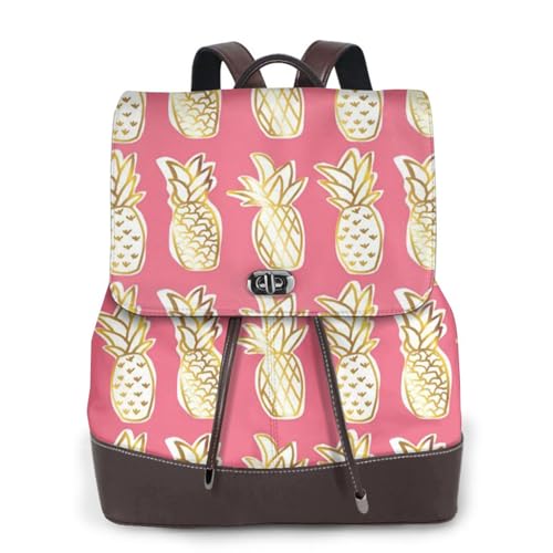 Modischer Damen-Rucksack mit Ananas-Druck, PU-Leder, Handtasche, wasserdichter Rucksack, Reiserucksack mit Klappe, Schwarz , Einheitsgröße von YBAZYBXY