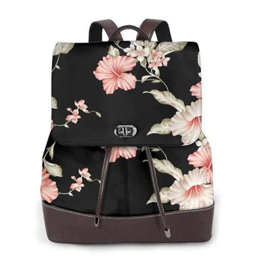 Modischer Damen-Rucksack mit Blumendruck, PU-Leder, Handtasche, wasserdichter Rucksack, Reiserucksack mit Klappe, Schwarz , Einheitsgröße von YBAZYBXY