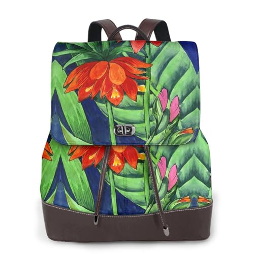 Modischer Damen-Rucksack mit Blumendruck, PU-Leder, Handtasche, wasserdichter Rucksack, Reiserucksack mit Klappe, Schwarz , Einheitsgröße von YBAZYBXY