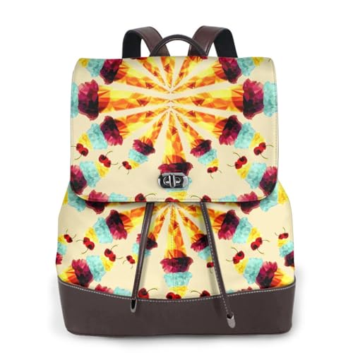 Modischer Damen-Rucksack mit Eiscreme-Polygon-Druck, PU-Leder, Handtasche, wasserdichter Rucksack, Reiserucksack mit Klappe, Schwarz , Einheitsgröße von YBAZYBXY