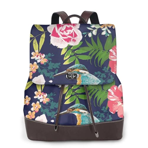 Modischer Damen-Rucksack mit Vogel- und Blumendruck, PU-Leder, Handtasche, wasserdichter Rucksack, Reiserucksack mit Klappe, Schwarz , Einheitsgröße von YBAZYBXY