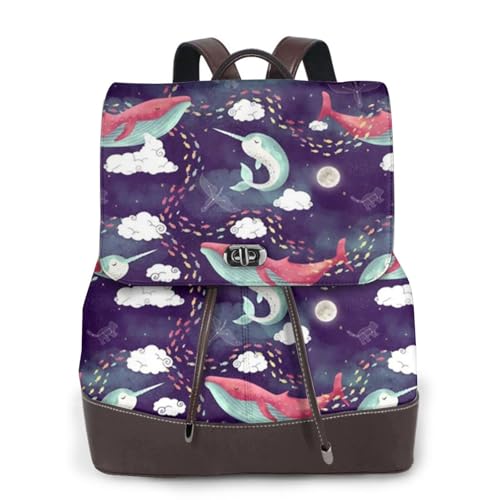 Modischer Damen-Rucksack mit Wal-Motiv, PU-Leder, Handtasche, wasserdichter Rucksack, Reiserucksack mit Klappe, Schwarz , Einheitsgröße von YBAZYBXY