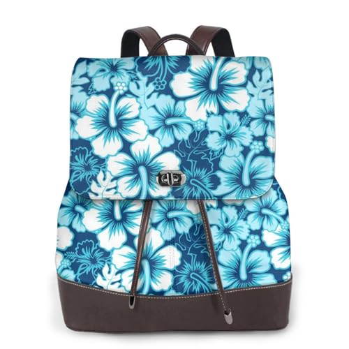 Modischer Damen-Rucksack mit blauem Blumendruck, PU-Leder, Handtasche, wasserdichter Rucksack, Reiserucksack mit Klappe, Schwarz , Einheitsgröße von YBAZYBXY