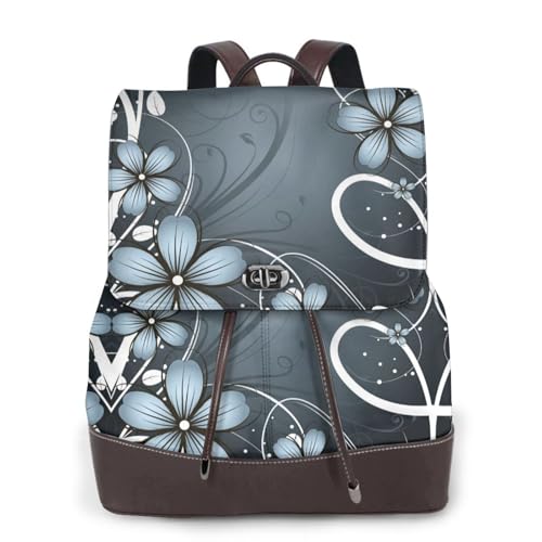 Modischer Damen-Rucksack mit blauem Blumendruck, PU-Leder, Handtasche, wasserdichter Rucksack, Reiserucksack mit Klappe, Schwarz , Einheitsgröße von YBAZYBXY