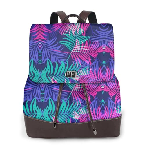 Modischer Damen-Rucksack mit buntem Blättermuster, PU-Leder, Handtasche, wasserdichter Rucksack, Reiserucksack mit Klappe, Schwarz , Einheitsgröße von YBAZYBXY