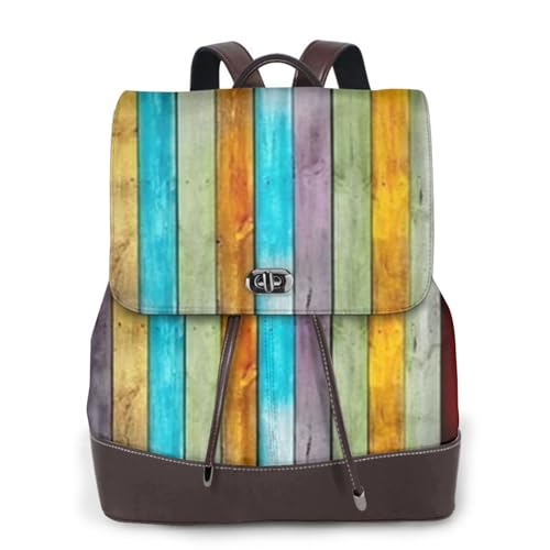 Modischer Damen-Rucksack mit buntem Holzbrettmuster, PU-Leder, Handtasche, wasserdichter Rucksack, Reiserucksack mit Klappe, Schwarz , Einheitsgröße von YBAZYBXY