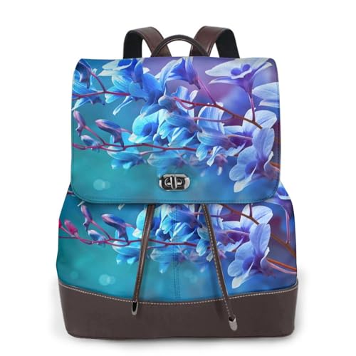 Modischer Damen-Rucksack mit buntem Orchideen-Blumendruck, PU-Leder, Handtasche, wasserdichter Rucksack, Reiserucksack mit Klappe, Schwarz , Einheitsgröße von YBAZYBXY