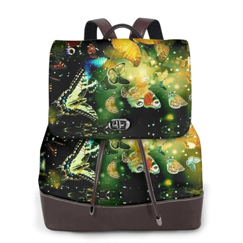 Modischer Damen-Rucksack mit buntem Schmetterlings-Aufdruck, PU-Leder, Handtasche, wasserdichter Rucksack, Reiserucksack mit Klappe, Schwarz , Einheitsgröße von YBAZYBXY