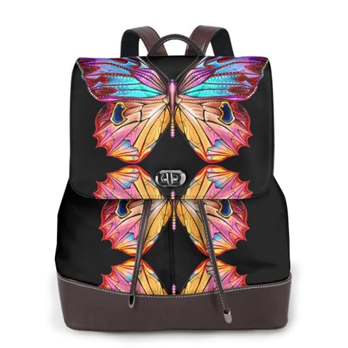 Modischer Damen-Rucksack mit buntem Schmetterlings-Aufdruck, PU-Leder, Handtasche, wasserdichter Rucksack, Reiserucksack mit Klappe, Schwarz , Einheitsgröße von YBAZYBXY