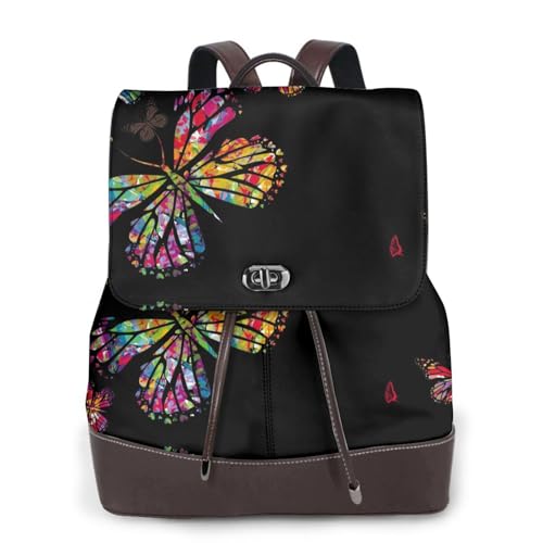 Modischer Damen-Rucksack mit buntem Schmetterlings-Aufdruck, PU-Leder, Handtasche, wasserdichter Rucksack, Reiserucksack mit Klappe, Schwarz , Einheitsgröße von YBAZYBXY