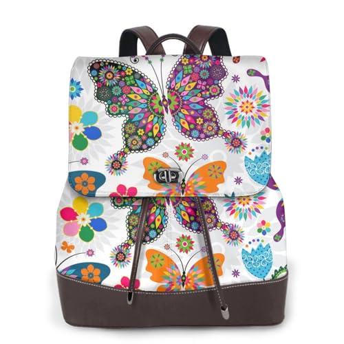 Modischer Damen-Rucksack mit buntem Schmetterlings- und Blumendruck, PU-Leder, Handtasche, wasserdichter Rucksack, Reiserucksack mit Klappe, Schwarz , Einheitsgröße von YBAZYBXY