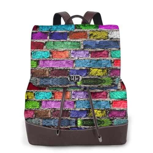 Modischer Damen-Rucksack mit buntem Ziegeldruck, PU-Leder, Handtasche, wasserdichter Rucksack, Reiserucksack mit Klappe, Schwarz , Einheitsgröße von YBAZYBXY