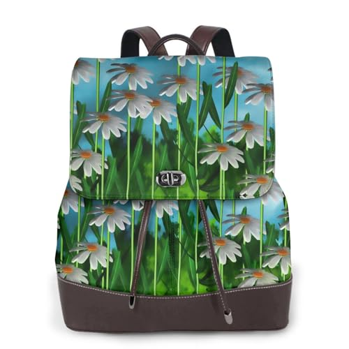 Modischer Damenrucksack mit Gänseblümchen-Aufdruck, PU-Lederrucksack, Handtasche, wasserdichter Rucksack, Reiserucksack mit Klappe, Schwarz , Einheitsgröße von YBAZYBXY