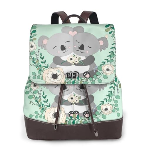 Modischer Damenrucksack mit Koala-Druck, PU-Leder, Handtasche, wasserdichter Rucksack, Reiserucksack mit Klappe, Schwarz , Einheitsgröße von YBAZYBXY
