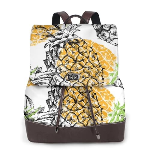 Modischer Damenrucksack mit gelbem Ananas-Druck, PU-Leder, Handtasche, wasserdichter Rucksack, Reiserucksack mit Klappe, Schwarz , Einheitsgröße von YBAZYBXY