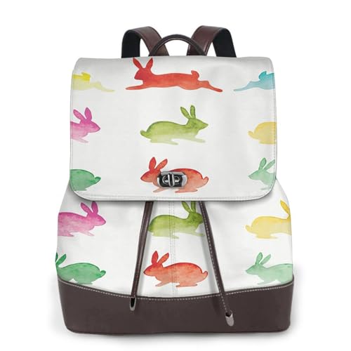 Modischer Rucksack für Damen, Motiv: Regenbogen-Kaninchen, PU-Leder, Handtasche, wasserdichter Rucksack, Reiserucksack mit Klappe, Schwarz , Einheitsgröße von YBAZYBXY