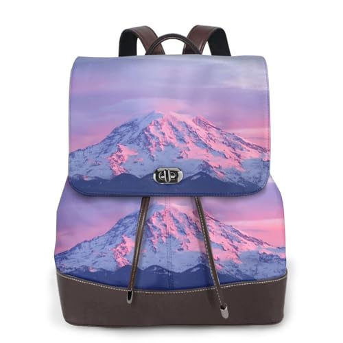 Mount at Sunset Print Damen Fashion Rucksack Damen PU-Leder Rucksäcke Handtasche Wasserdichter Rucksack Reiserucksack mit Klappe, Schwarz , Einheitsgröße von YBAZYBXY
