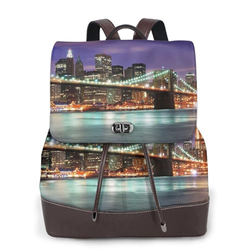 New York Night Print Damen Fashion Rucksack Damen PU-Leder Rucksäcke Handtasche Wasserdichter Rucksack Reiserucksack mit Klappe, Schwarz , Einheitsgröße von YBAZYBXY