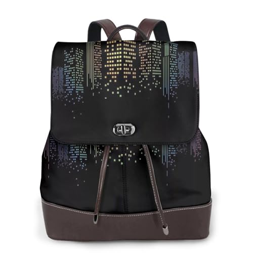 Night Building Print Damen Fashion Rucksack Damen PU-Leder Rucksäcke Handtasche Wasserdichter Rucksack Reiserucksack mit Klappe, Schwarz , Einheitsgröße von YBAZYBXY