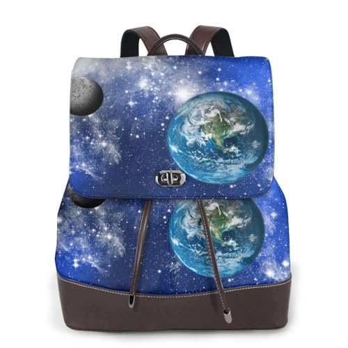 Planet Galaxy Print Damen Fashion Rucksack Damen PU-Leder Rucksäcke Handtasche Wasserdichter Rucksack Reiserucksack mit Klappe, Schwarz , Einheitsgröße von YBAZYBXY