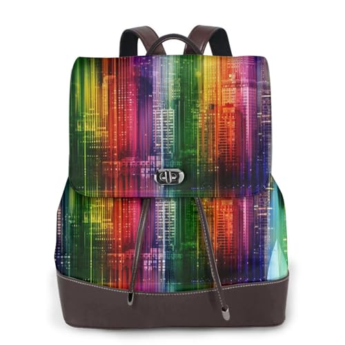 Rainbow City Print Damen Fashion Rucksack Damen PU-Leder Rucksäcke Handtasche Wasserdichter Rucksack Reiserucksack mit Klappe, Schwarz , Einheitsgröße von YBAZYBXY