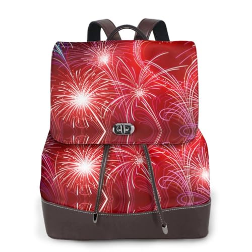 Rote Herzen Feuerwerk Druck Frauen Mode Rucksack Damen PU-Leder Rucksäcke Handtasche Wasserdichter Rucksack Reiserucksack mit Klappe, Schwarz , Einheitsgröße von YBAZYBXY