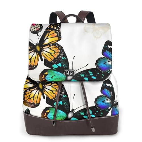Schöner grüner und gelber Schmetterlings-Druck, modischer Damenrucksack, PU-Leder-Rucksäcke, Handtasche, wasserdichter Rucksack, Reiserucksack mit Klappe, Schwarz , Einheitsgröße von YBAZYBXY